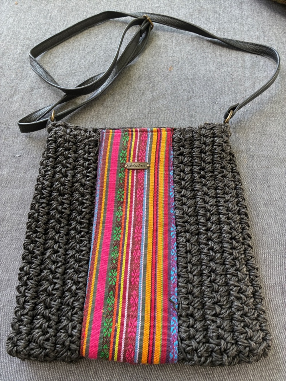 Boho Gray Crochet Crossbody with Vibrant Stripe